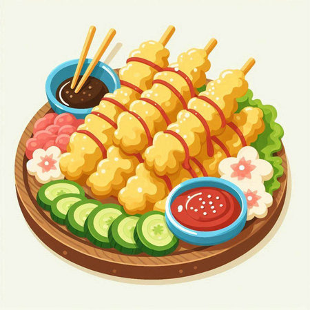 Illustration of japanese food on wooden plate with chopsticksのイラスト素材