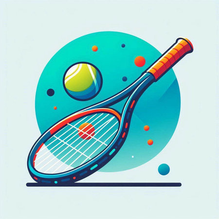 Tennis racket and ball on blue circle background. Vector illustration.のイラスト素材