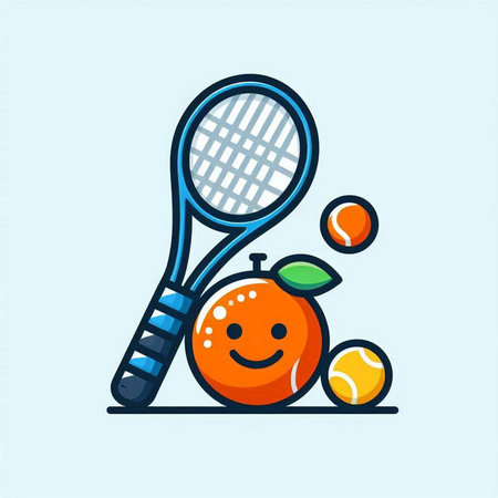 Tennis racket with ball and tangerine. Vector illustration.のイラスト素材