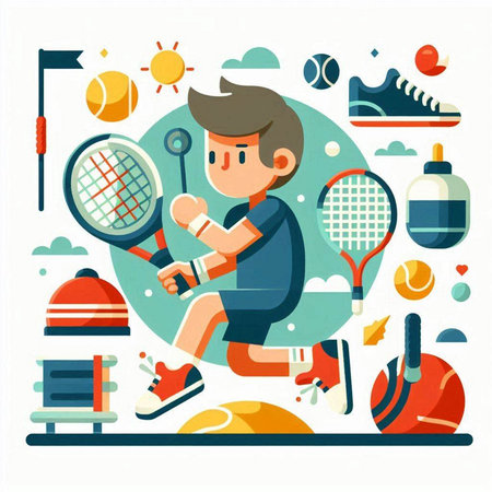 Boy playing tennis. Flat vector illustration. Sport, healthy lifestyle concept.のイラスト素材