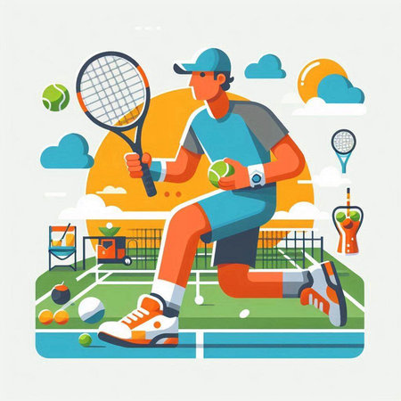 Tennis player on the tennis court. Vector illustration in flat styleのイラスト素材