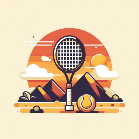 Tennis racket and ball on the background of mountains. Vector illustration.のイラスト素材