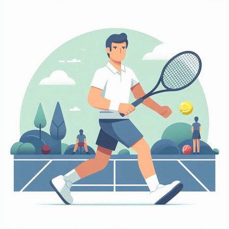 Tennis player on the court. Vector illustration in cartoon style.のイラスト素材