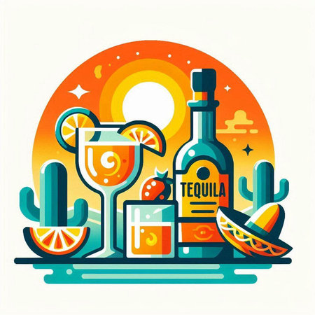 Mexican tequila bottle, sombrero and cactus. Vector illustrationのイラスト素材