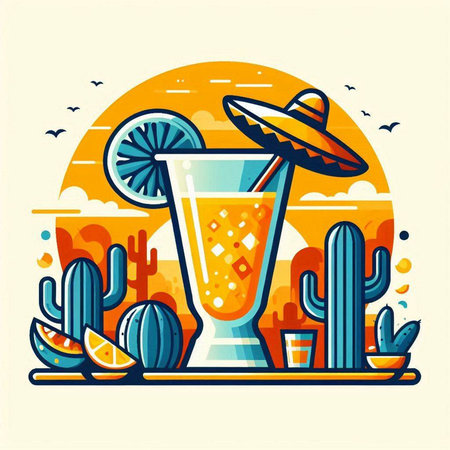 Cinco de mayo vector illustration with sombrero hat, cactus and cocktailのイラスト素材