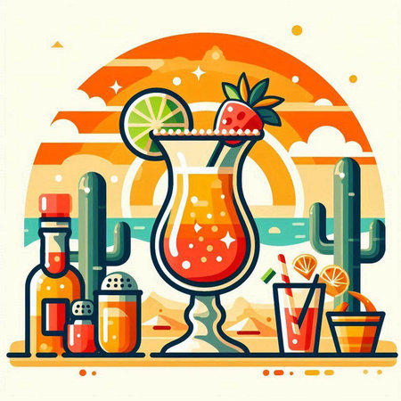 Cocktail on the beach. Vector illustration in flat style.のイラスト素材