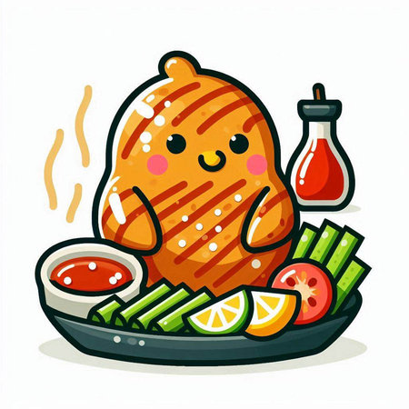 Fried chicken with vegetables, kawaii character vector illustration.のイラスト素材