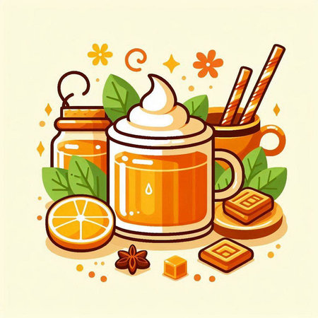 Mug of hot tea with whipped cream, cinnamon sticks, gingerbread, lemon and anise. Vector illustration.のイラスト素材