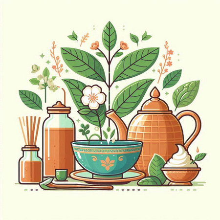 Tea ceremony. Set of teapot, cups, teacups, bamboo sticks, tea leaves and flowers. Vector illustration.のイラスト素材