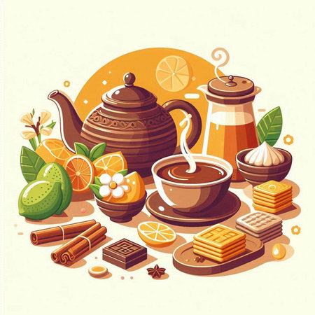 Cup of tea, teapot, cookies, ginger, lemon, orange, cinnamon. Vector illustration.のイラスト素材