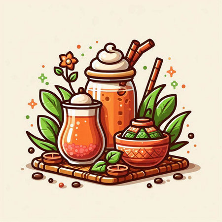 Vector illustration of a set of different types of tea. Tea in a glass jar, a jar with a lid, a cup of coffee, a sprig of tea leaves.のイラスト素材