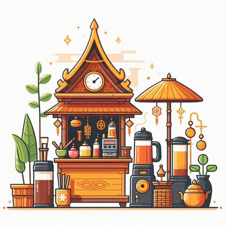 Vector illustration of a traditional Chinese tea house with clock and accessories.のイラスト素材