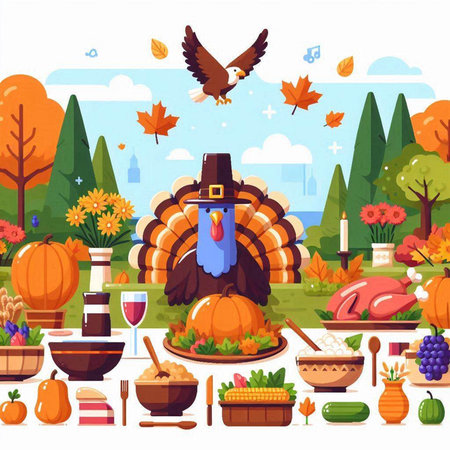 Thanksgiving day vector illustration with turkey, turkey, wine, food, vegetables and autumn leavesのイラスト素材