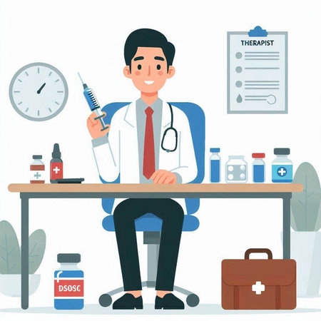 Male doctor sitting at the desk and holding a syringe. Vector illustration.のイラスト素材