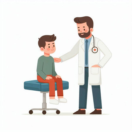 Male pediatrician doctor examining a little boy. Vector illustration in cartoon style.のイラスト素材