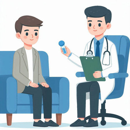 Male doctor and patient sitting in armchair and talking. Vector illustration.のイラスト素材