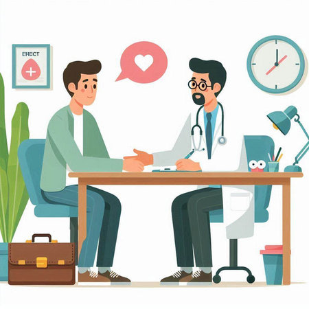 Doctor and patient sitting at table in office. Flat style vector illustration.のイラスト素材
