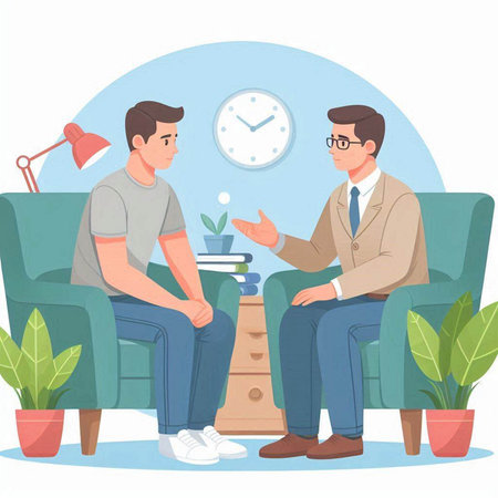 Psychotherapist and patient. Psychotherapy session. Vector illustration in cartoon styleのイラスト素材