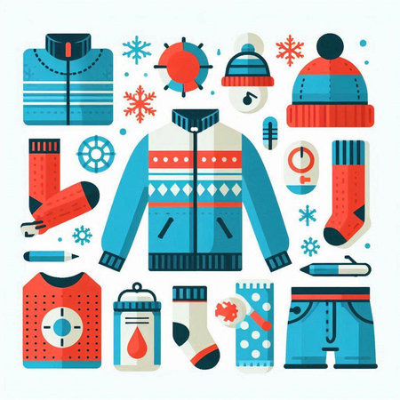 Winter clothes and accessories. Vector illustration in flat style. Winter clothing.のイラスト素材