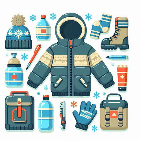 Winter clothing and accessories set. Vector illustration in flat cartoon style.のイラスト素材