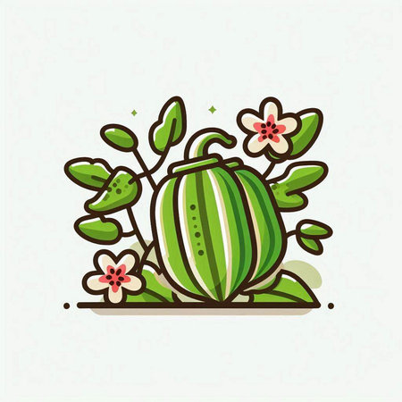Watermelon and flowers. Vector illustration of a watermelon with leaves and flowers.のイラスト素材