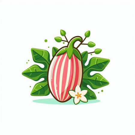 Eggplant with leaves and flower on white background. Vector illustration.のイラスト素材