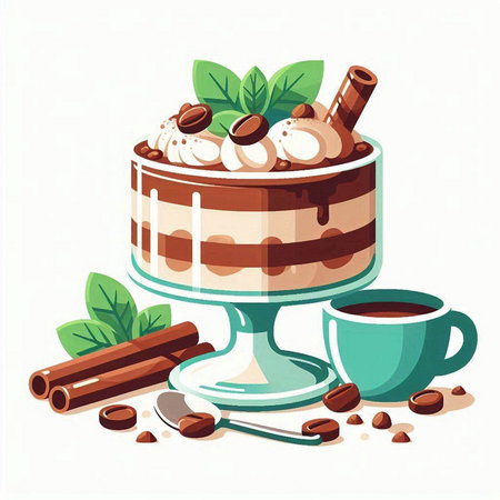 Cup of coffee with tiramisu cake. Vector illustration.のイラスト素材