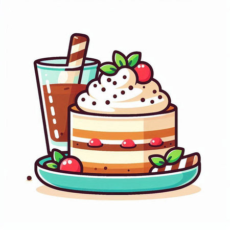 Cake with cherry and whipped cream on a plate. Vector illustration.のイラスト素材