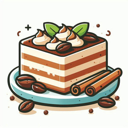 Illustration of a piece of cake with coffee beans and cinnamon sticksのイラスト素材