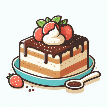 Piece of cake with cream, strawberry and chocolate. Vector illustration.のイラスト素材
