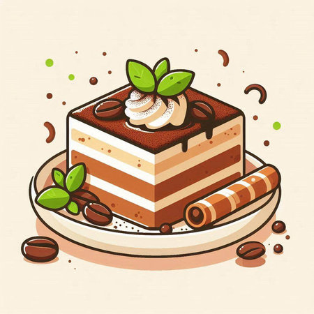 Piece of chocolate cake with whipped cream and mint. Vector illustration.のイラスト素材