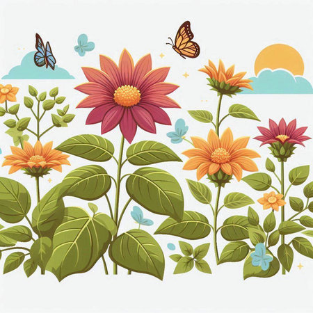 Floral background with sunflowers and butterflies. Vector illustration.のイラスト素材