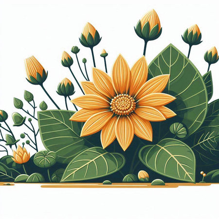 Floral background with yellow flowers and green leaves. Vector illustration.のイラスト素材