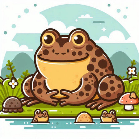 Cute frog sitting on the grass in the park. Vector illustrationのイラスト素材