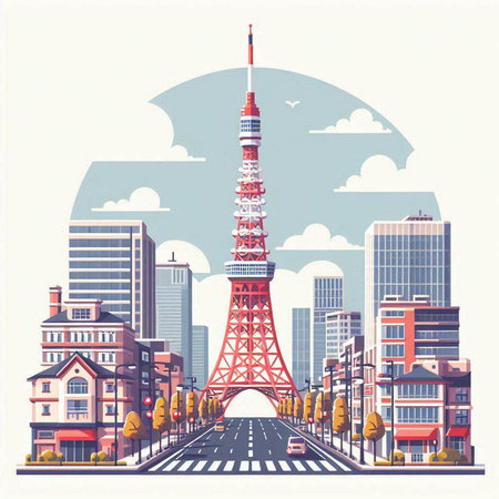Tokyo Tower, Tokyo, Japan. Vector illustration in retro style.のイラスト素材