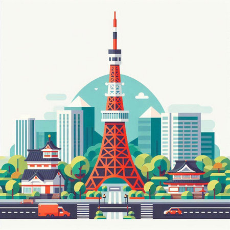 Tokyo cityscape with Tokyo tower. Japan. Vector illustration.のイラスト素材