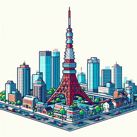 Tokyo tower on the background of the city. Vector illustration.のイラスト素材