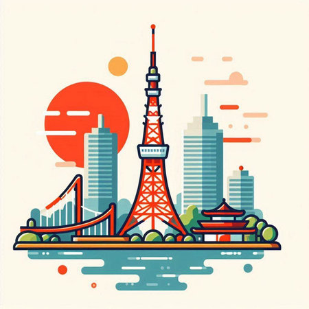 Tokyo tower, Japan. Vector illustration in flat linear style.のイラスト素材