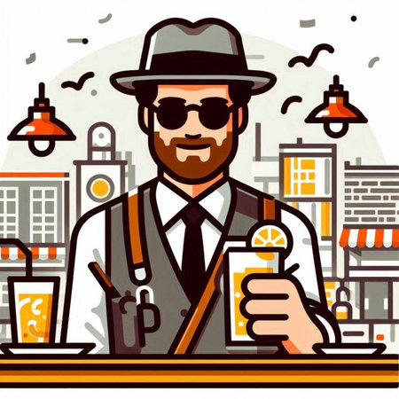 Vector illustration of a hipster man drinking a cocktail in the city.のイラスト素材