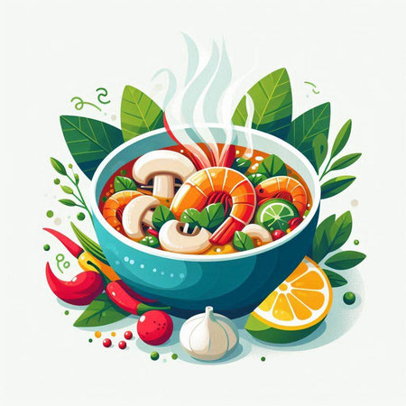 Vegetable soup with shrimps and mushrooms in a bowl. Vector illustration.のイラスト素材