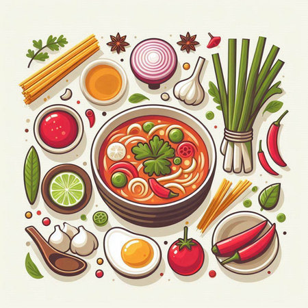 Thai noodle soup in bowl with ingredients. Vector illustration.のイラスト素材