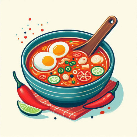 Illustration of a bowl of soup with eggs and chili peppers.のイラスト素材
