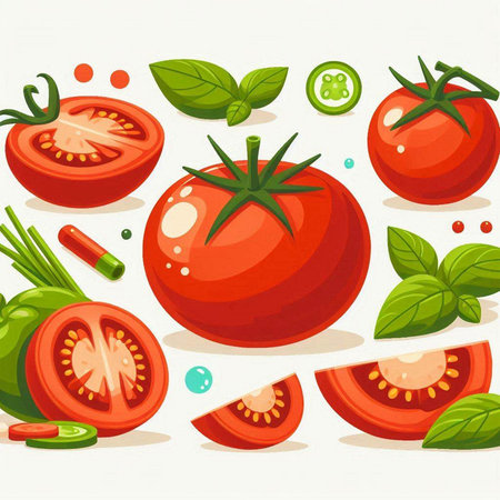 Tomatoes and basil on a white background. Vector cartoon illustration.のイラスト素材