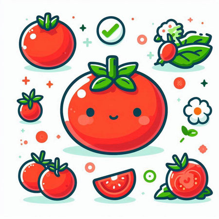Cute kawaii tomato fruit character set. Vector illustration.のイラスト素材