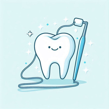 Tooth with toothbrush and dental floss. Vector illustration.のイラスト素材