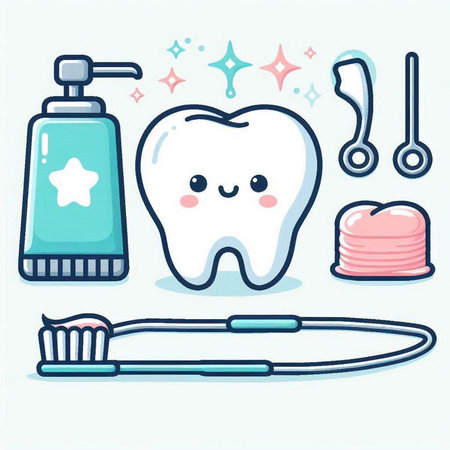Cute cartoon tooth with toothbrush, toothpaste, toothpaste, toothbrush, dental floss, toothpaste, toothbrush and dental floss.のイラスト素材