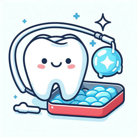 Cute cartoon tooth character with dental floss. Vector illustration.のイラスト素材
