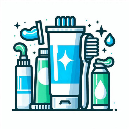 Cosmetic bottle with toothpaste and toothbrush. Hygiene products. Vector illustration in flat styleのイラスト素材
