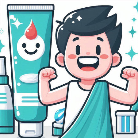 Illustration of a Kid Boy Wearing a Towel Holding a Toothpasteのイラスト素材