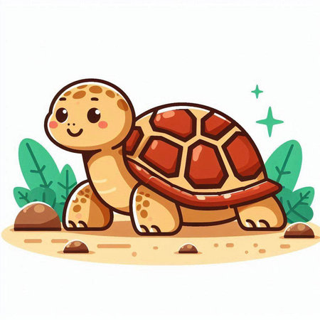 Cute cartoon turtle on the sand. Vector illustration isolated on white background.のイラスト素材